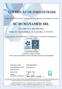 Certificat de inregistrare ISO laborator analize medicale Oradea HUMANAMED